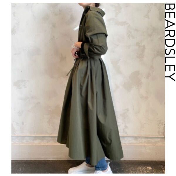 BEARDSLEY ナイロンフレアシャツワンピ カーキ ビアズリー スプリングコート ウォッシャブル ワンピース 緑 長袖