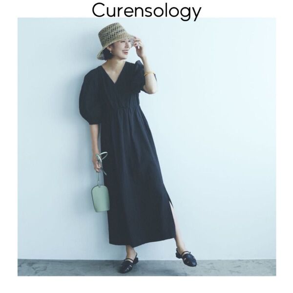 Curensology カレンソロジー サッカーギャザーワンピース ブラック カシュクール スリット ロング ボリュームスリーブ