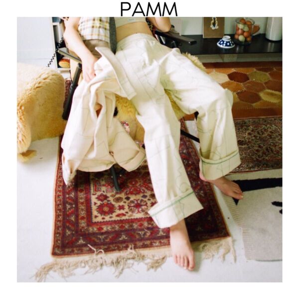 PAMM 寛大なインテリアの刺繍パンツ(椅子の色) ホワイト パム ワークパンツ コットン ルームウェア ストレッチ ワイドパンツ