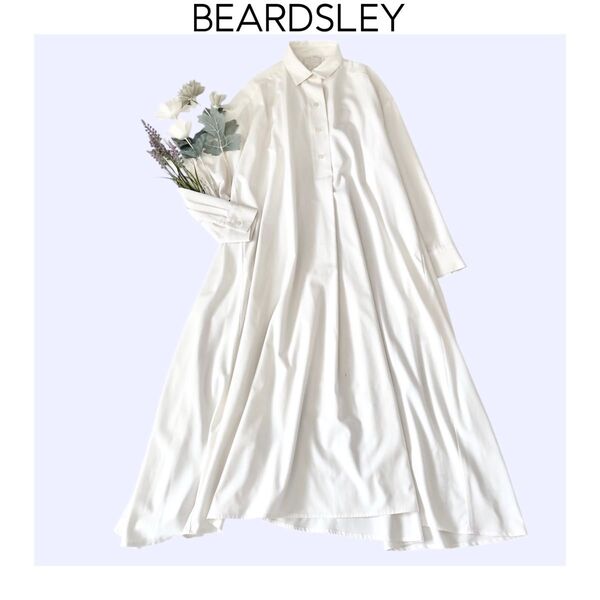 BEARDSLEY フレアシャツワンピース ホワイト ビアズリー ロング 長袖 ハーフボタン とろみ シーズンレス