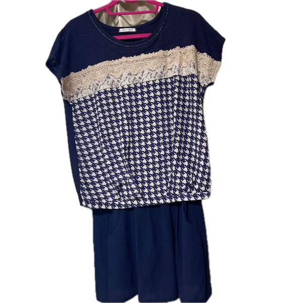 axes femme セットアップ 千鳥格子 レース ネイビー