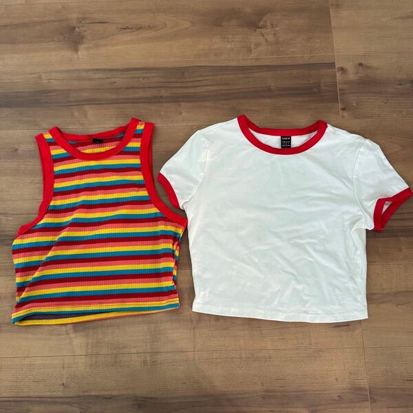 クロップド丈 Tシャツ ノースリーブカットソー タンクトップ 半袖Tシャツ SHEIN