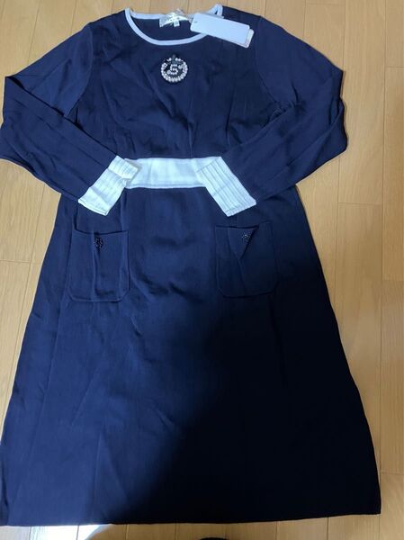 新品 スーパービューティー 42 L 長袖 ワンピース ネイビー ニット