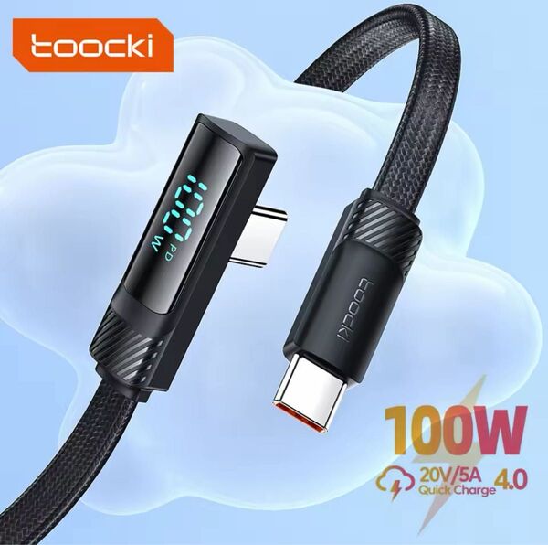 Toocki 100w PDエルボーケーブル 2m 電力表示機能付 ブラック