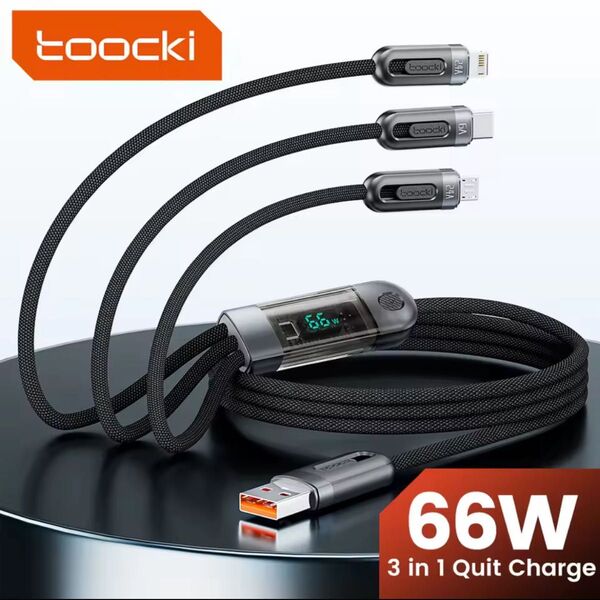 Toocki 3 in 1 66W PDケーブル 1.2m 電力表示機能付 ブラック&ブルー 2本セット