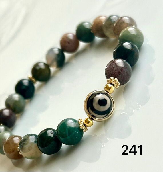 No.241 天然石ブレスレット パワーストーン ハンドメイド 三眼天珠 インドアゲート