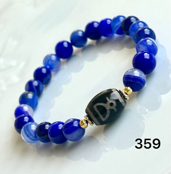 No.359 天然石ブレスレット パワーストーン ハンドメイド 財神天珠 ブルー縞瑪瑙