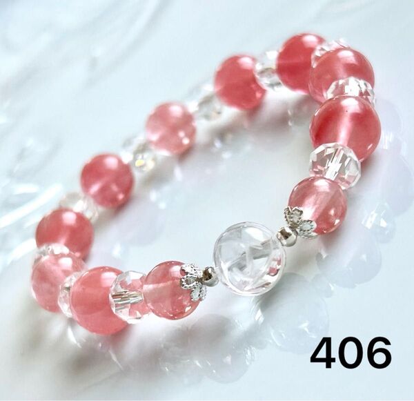 No.406 天然石ブレスレット パワーストーン ハンドメイド チェリークォーツ 水晶 薔薇