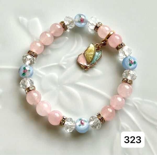 No.323 天然石ブレスレット パワーストーン ハンドメイド ローズクォーツ とんぼ玉