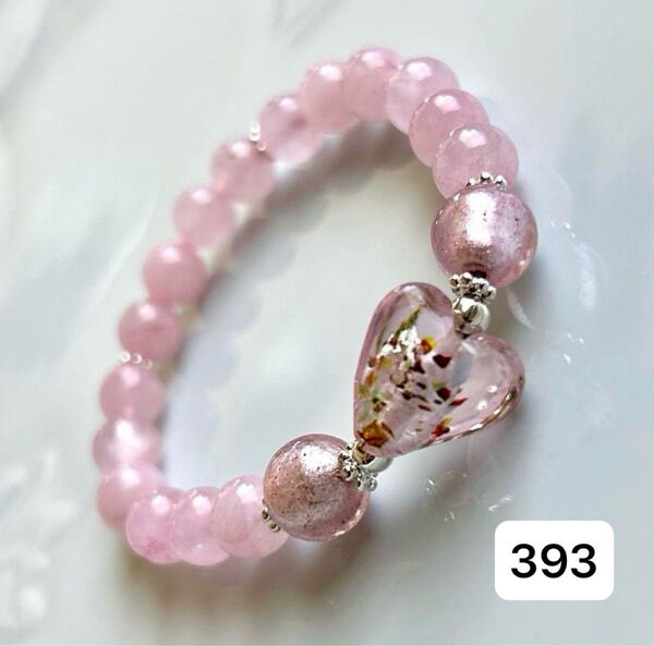 No.393 天然石ブレスレット パワーストーン ハンドメイド ランプワークガラスビーズ ローズクォーツ
