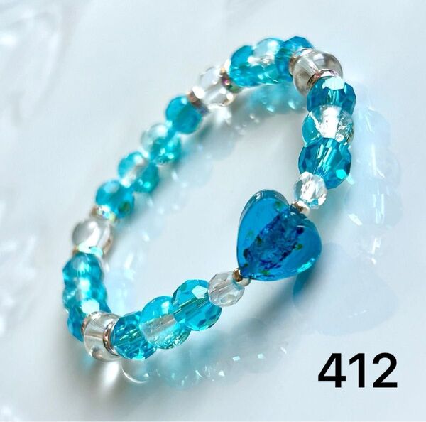 No.412 天然石ブレスレット パワーストーン ハンドメイド 水晶 ランプワークビーズ ハート