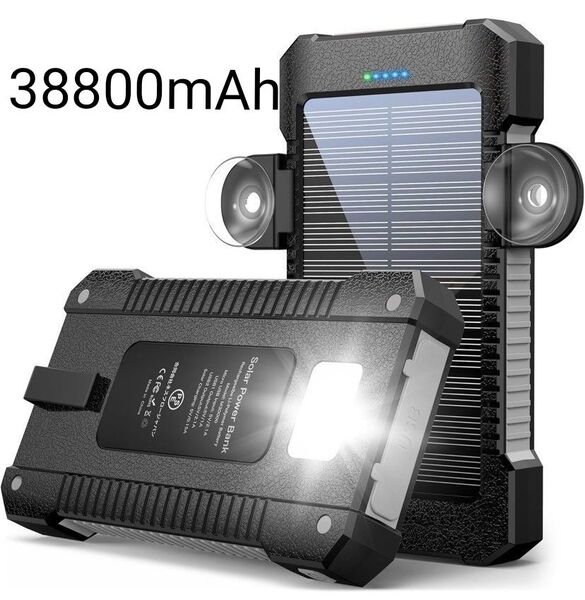 モバイルバッテリー ソーラー 充電器 高輝度LEDライト付 2USB出力ポートIP67防水 耐衝撃 ソーラーパネル 電池式