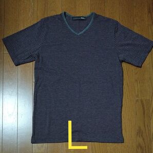 半袖Tシャツ L ボーダー柄 グレー&あずき色 Vネック