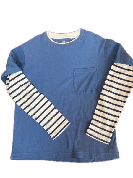 UNIQLO(ユニクロ)レイヤードクルーネックT 長袖 Tシャツ 長袖 ロンT ボーダー 青 150 子供服 キッズ 男の子