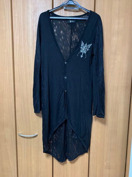 h.NAOTO Sixh.ヒョウ柄シースルー切替の燕尾ロングカーディガン