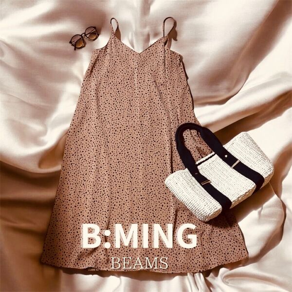 B:MING BEAMS キャミソールワンピース スリップドレス 赤茶 キャミワンピース 総柄 ワンピース