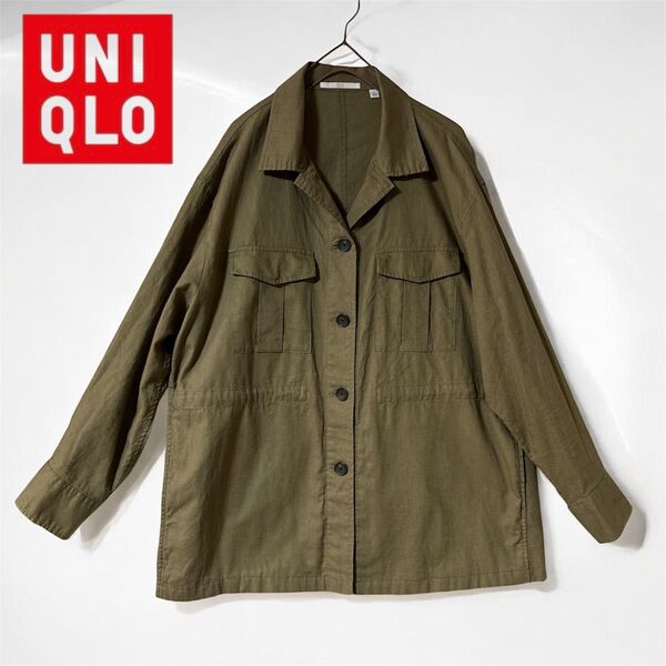 UNIQLO リネン コットン シャツジャケット L リネン ジャケット ミリタリー シャツ 麻混 カーキ
