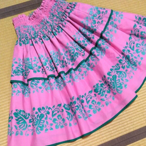 美品 フラダンス パウスカート HANA ALOHA ハナアロハ フリル付 70cm ピンク ハイビスカス モンステラ かわいい