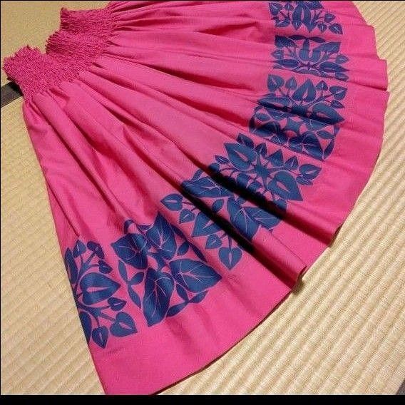 美品 フラダンス パウスカート HANA ALOHA ハナアロハ ピンク 古典柄 リーフ柄 葉模様 コントラスト