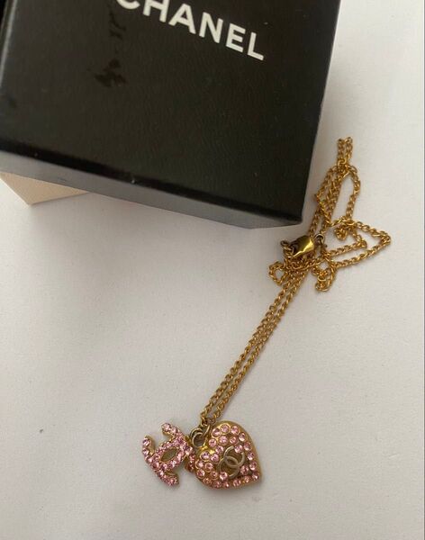 シャネル CHANEL ビジュー ストーン ハート ネックレス ピンク アクセサリー ラインストーン ココマーク