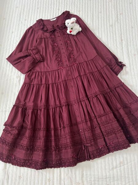 ピンクハウス 綿ローン ワンピース 長袖 ピコフリル サテンリボン 襟