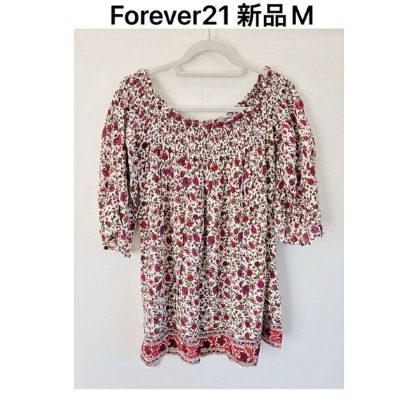 【新品M】フォーエバー21花柄シャーリングオフショルダーチュニックフレアスリーブ トップス カットソー 総柄 ブラウス