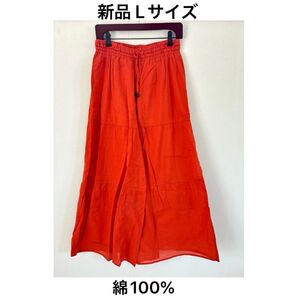 【新品L】ハニーズウエストゴム綿100%ワイドパンツ コットン薄手 パンツ ワイド イージーパンツ