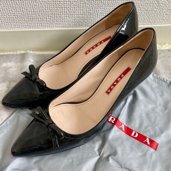 PRADA エナメル パンプス ヒール リボン 37 23.5㎝