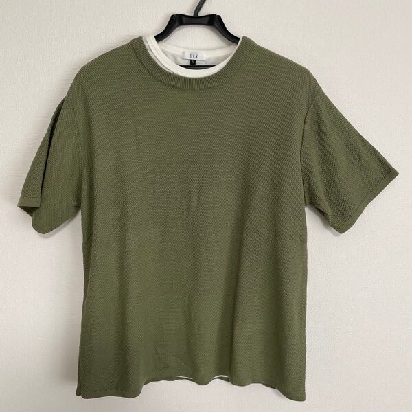 a.v.v 半袖ニット メンズ Tシャツ 重ね着 オリーブグリーン Mサイズ