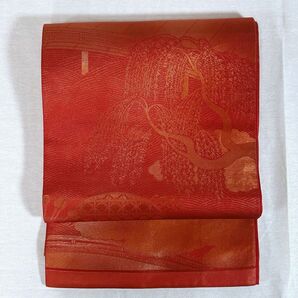 OF125 袋帯 赤 美品 フォーマル 大島 匿名配送 正絹