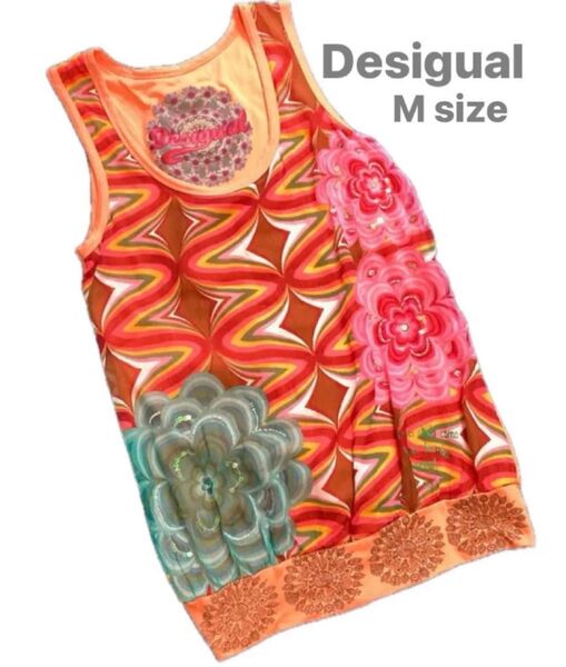 訳あり!【Desigual デシグアル 】フラワーモチーフ/ビジュー付 ノースリーブカットソー/花模様/シフォン重/ タンクトップ