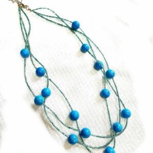 【昭和レトロ】青いビーズの3連ネックレス/ヴィンテージ風 アクセサリー ペンダント/ふるじょ/ネックレス