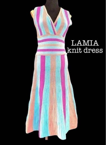 【LAMIA/ラミア】カラフルストライプ♪ロング ワンピース/S位/カシュクール ワンピース/マキシワンピース/ニットワンピース
