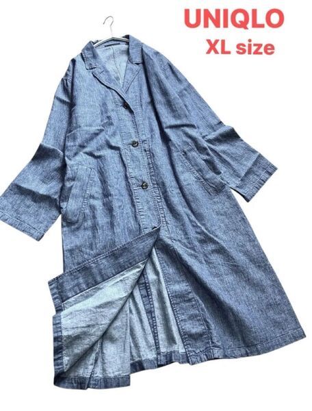 【UNIQLO/ユニクロ】ゆったりデザイン♪リネンブレンドコート/XL/LL/デニムカラー/コットンリネン ロングコート/綿麻素材
