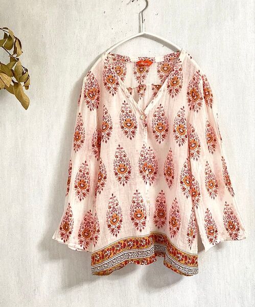 【rukmani/ルクマニ】インド製 エスニック ガーゼ チュニック ブラウス シャツ/コットンガーゼ/ボタニカル柄/花柄M〜L