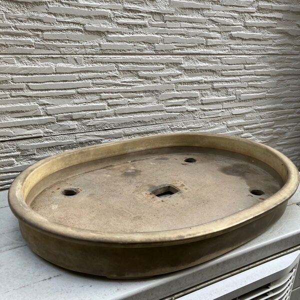 盆栽鉢 大型 浅め 落款あり 楕円鉢 アンティーク 骨董品 陶芸 園芸 植木鉢