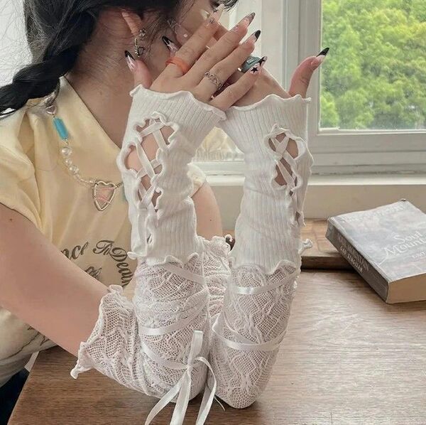 ロリータ手袋 ゴシックレース アームカバー 薄手 レース ホワイト