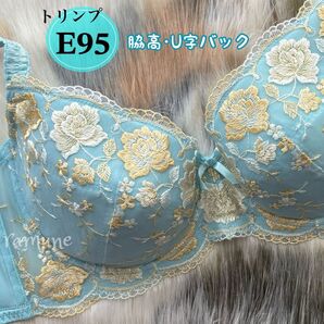【トリンプ E95 ブルーグリーン】新品 Triumph ブラジャー 脇高 花柄刺しゅう 巨乳 女装 大きいサイズ Eカップ