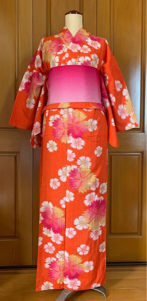 なでしこピンクとオレンジの浴衣 半巾帯もセット 七夕夏祭り花火大会茶華道部お稽古浴衣デート