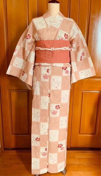源氏物語 撫子柄の浴衣 麻混 薄ピンク 半幅帯と帯締めもセット 夏祭り花火大会文化祭お稽古浴衣デート 堀井竺仙三勝撫松庵岡重ふりふ