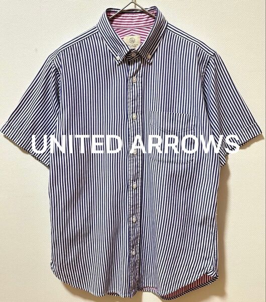 UNITED ARROWS ユナイテッドアローズ ストライプ半袖シャツ 裏地ピンクストライプ 状態良好