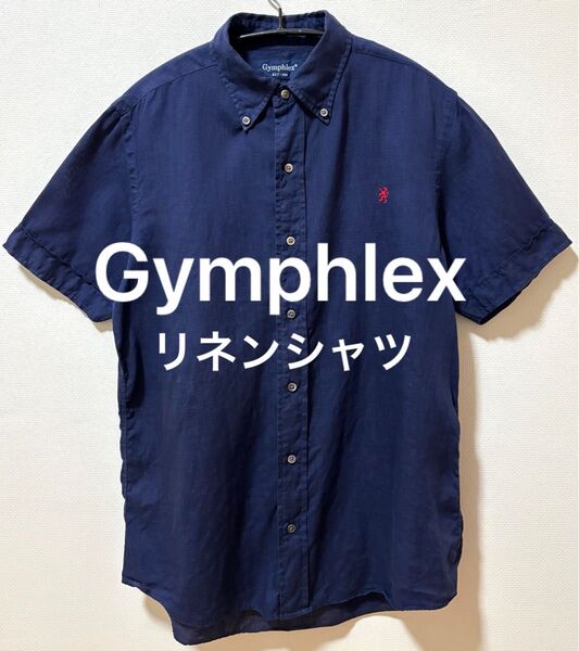 Gymphlex ジムフレックス 刺繍ロゴ リネン半袖シャツ ネイビー無地シャツ ボタンダウンシャツ