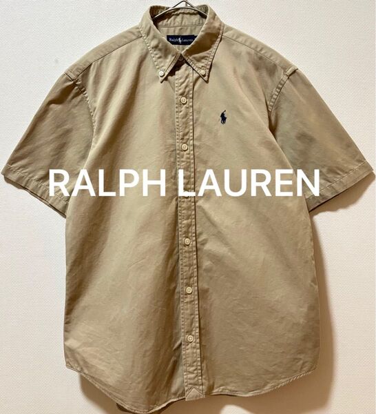 RALPH LAUREN ラルフローレン ポニー刺繍ロゴ 無地シャツ ベージュ系半袖シャツ ボタンダウンシャツ