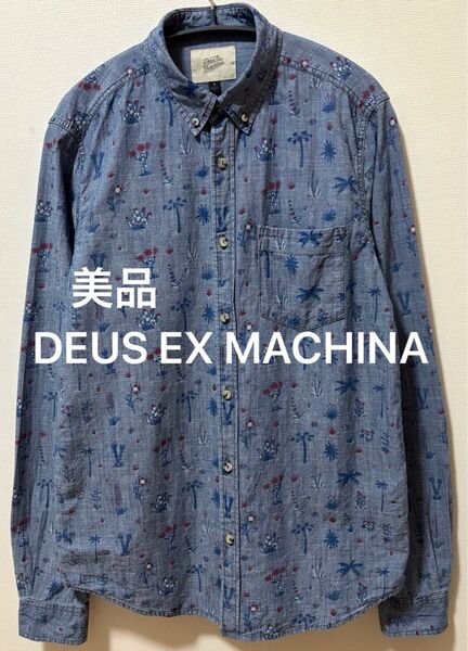美品 DEUS EX MACHINA デウスエクスマキナ デニム系長袖シャツ ボタンダウン総柄シャツ