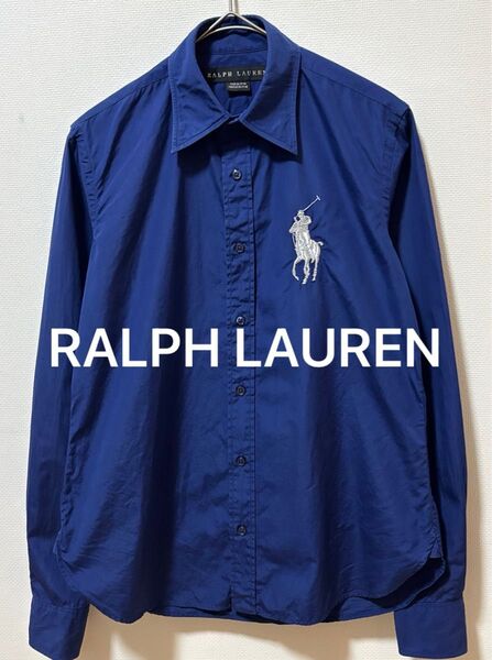 RALPH LAUREN ラルフローレン ビッグポニー刺繍ロゴ 長袖無地シャツ ネイビー長袖シャツ 襟芯付き