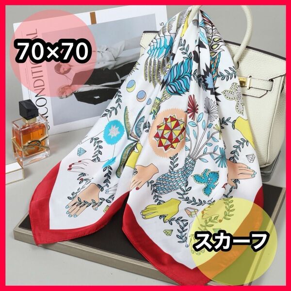 スカーフ シルク調 おしゃれ レッド アート アジアン ハンド ストールバックスカーフ 首元 春夏 巻き方 レッド 個性的 新品