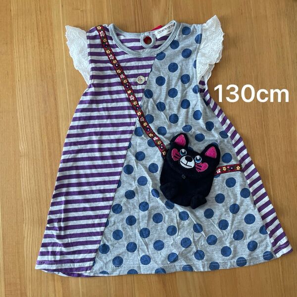 女の子 キッズ ワンピース ネコ 130cm半袖 半袖ワンピース