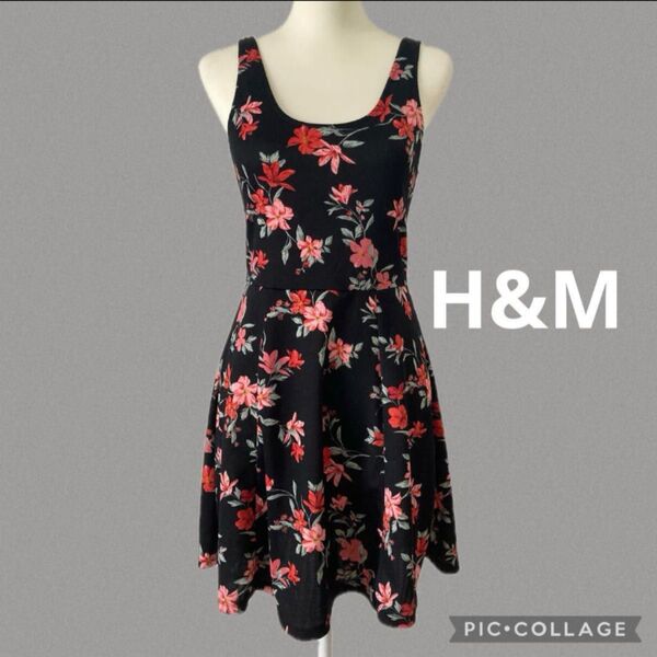 美品 H&M 花柄 サマー ワンピース チュニック ブラック S ミニ 総柄 ノースリーブフラワーワンピース
