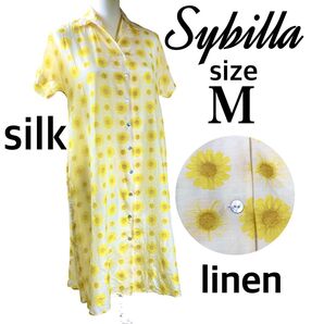 美品 シビラ ひまわり 花柄 シャツワンピース シルク リネン Mサイズ