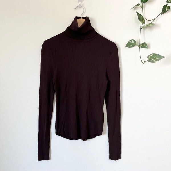 【美品】【ZARA】ザラ ハイネックリブロングTシャツ 長袖 ブラウン 茶色 S